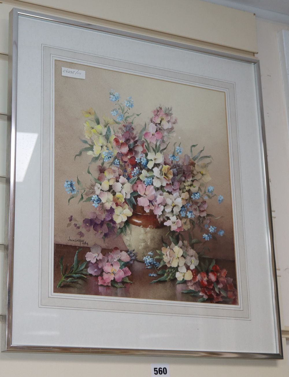 Jack Carter, watercolour, Flowers in a stoneware jug, signed and dated 1984, 36 x 31cm